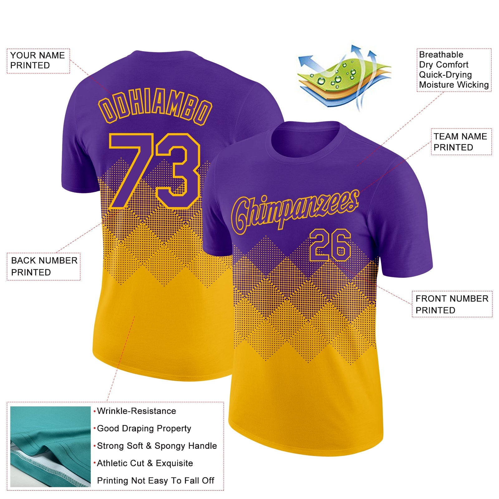Custom Purple Gold 3D Pattern Design Gradient Square Shapes Performance T-Shirt