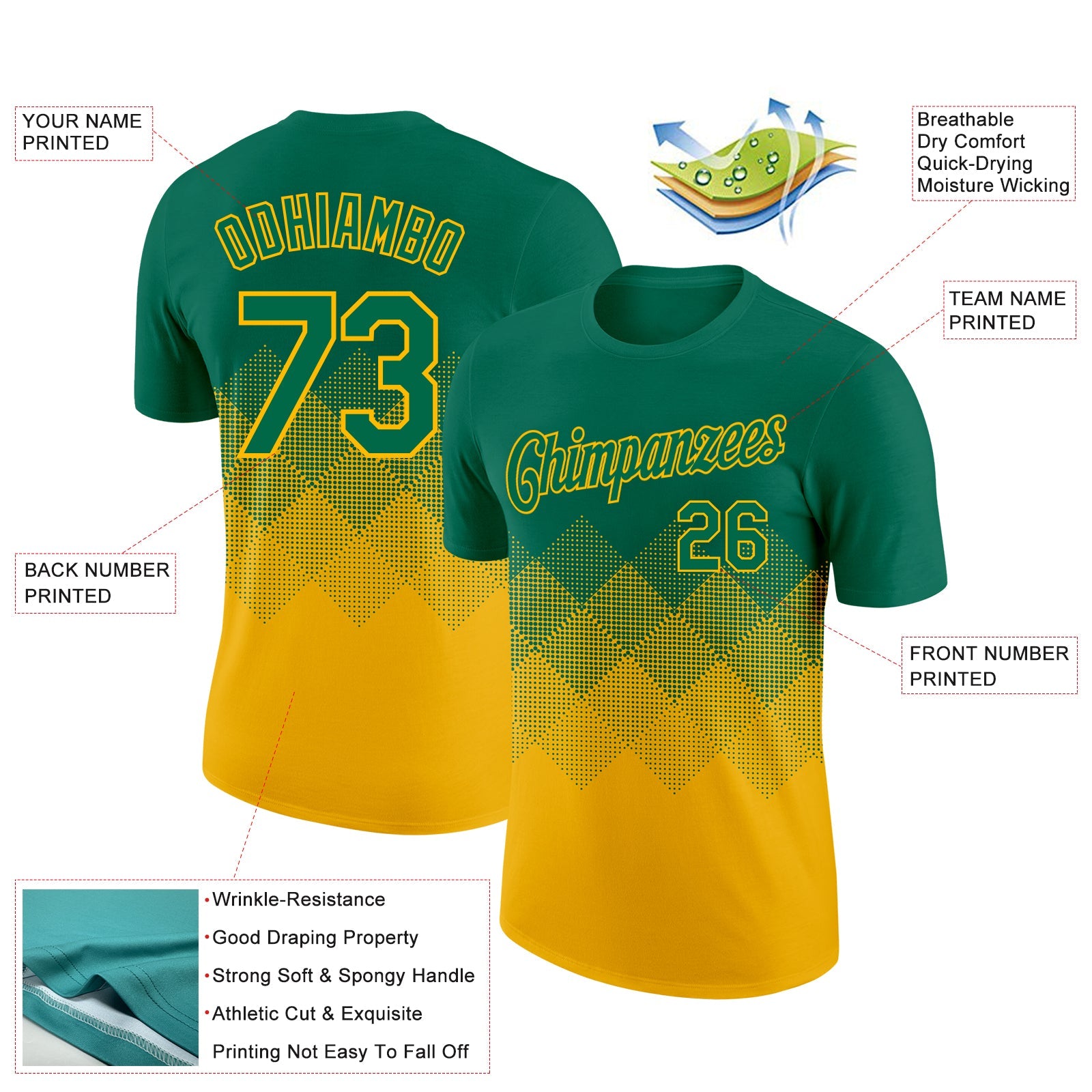 Custom Kelly Green Gold 3D Pattern Design Gradient Square Shapes Performance T-Shirt