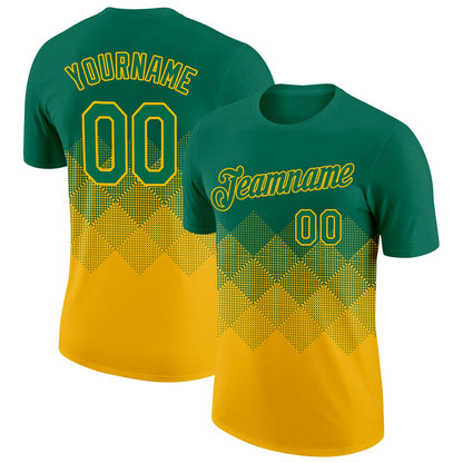 Custom Kelly Green Gold 3D Pattern Design Gradient Square Shapes Performance T-Shirt
