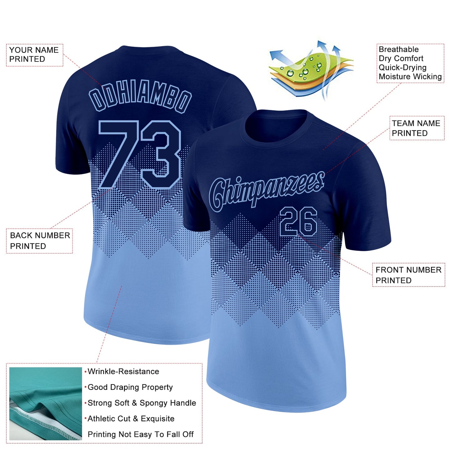 Custom Navy Light Blue 3D Pattern Design Gradient Square Shapes Performance T-Shirt