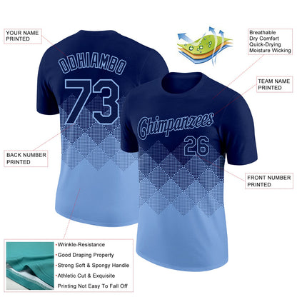 Custom Navy Light Blue 3D Pattern Design Gradient Square Shapes Performance T-Shirt