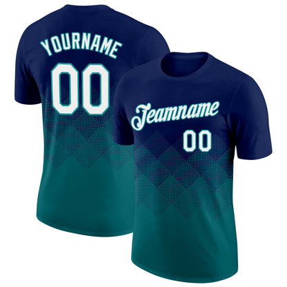 Custom Navy White-Teal 3D Pattern Design Gradient Square Shapes Performance T-Shirt