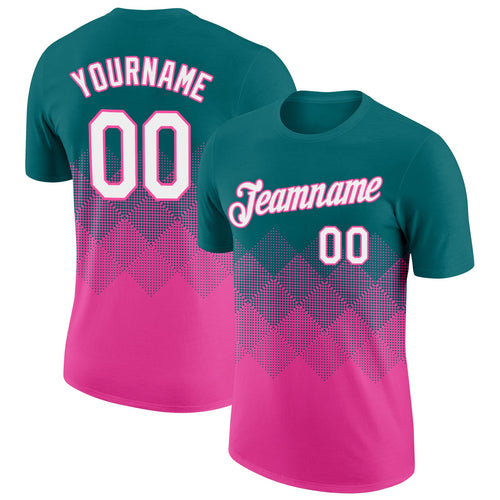 Custom Teal White-Pink 3D Pattern Design Gradient Square Shapes Performance T-Shirt