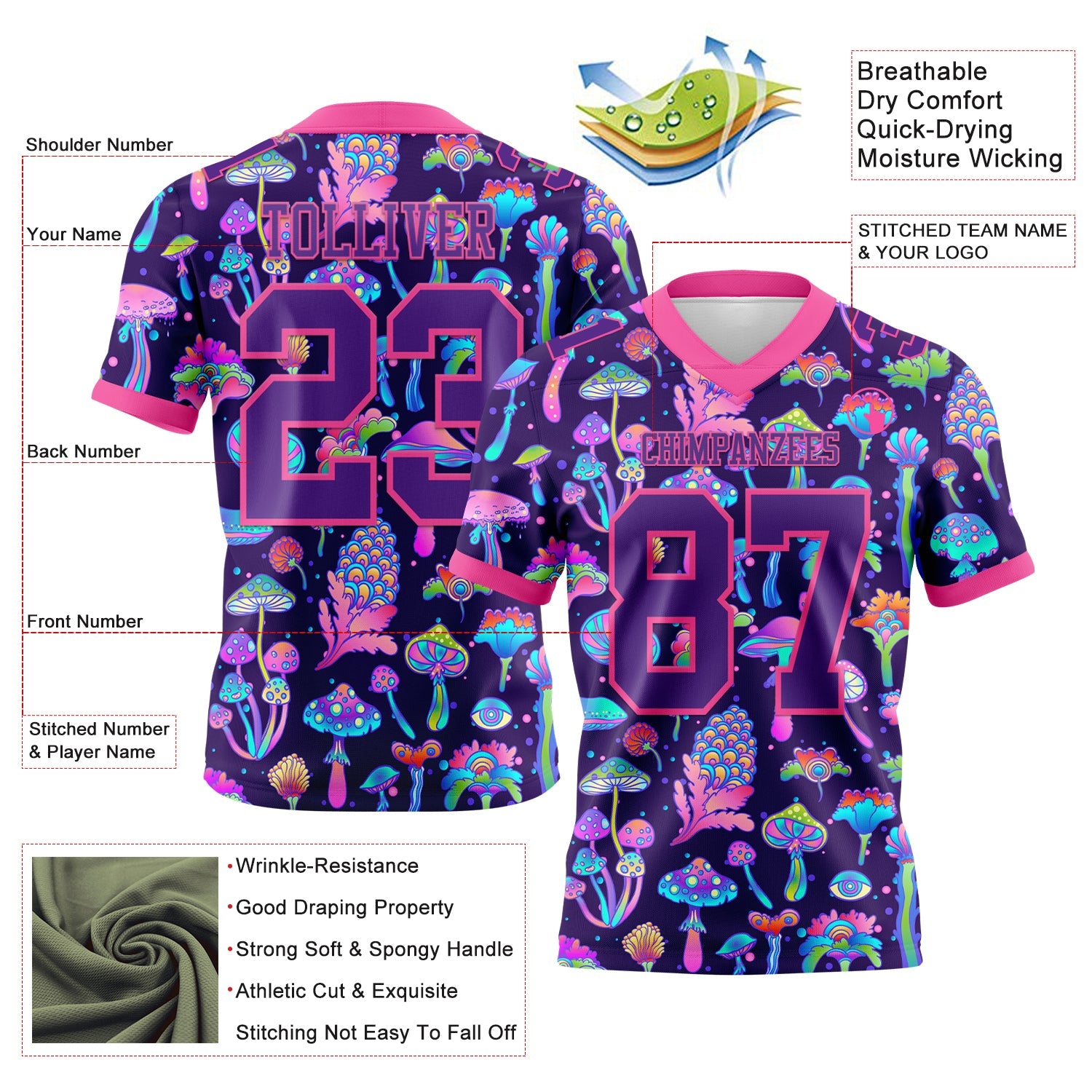 Custom Purple Pink 3D Pattern Colorful Flowers And Mushrooms Psychedelic Hallucination Authentic Football Jersey