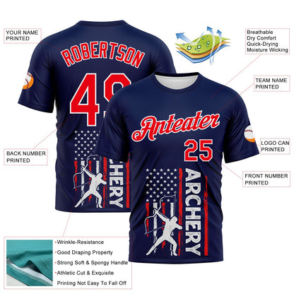 Custom Navy Fire Red-White 3D Pattern Design Arrow Archery Bow Target American Flag Performance T-Shirt