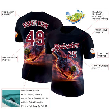 Custom Navy Crimson-White 3D Flame Pickleball Paddles Balls Performance T-Shirt