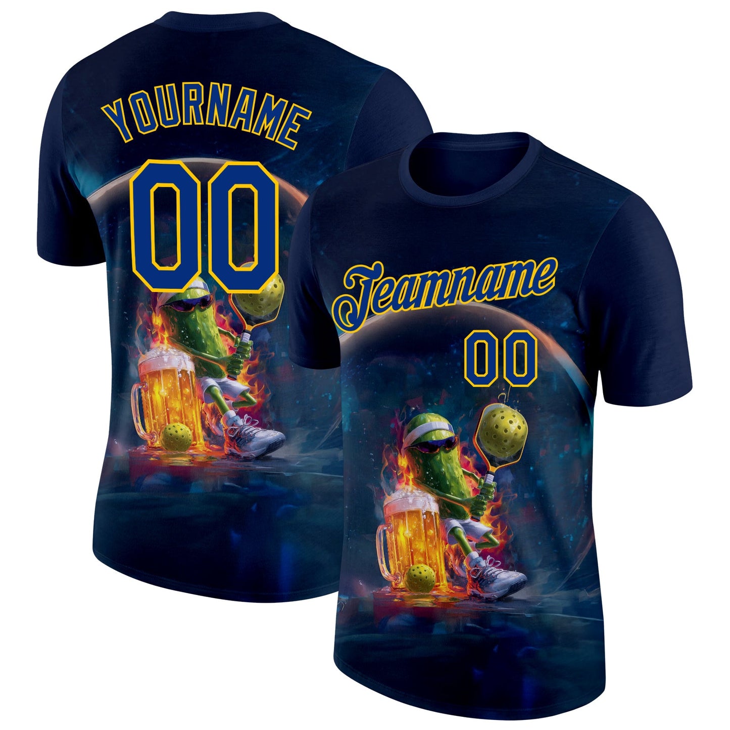 Custom Navy Royal-Yellow 3D Funny Pickleball Paddles Balls Beer Performance T-Shirt