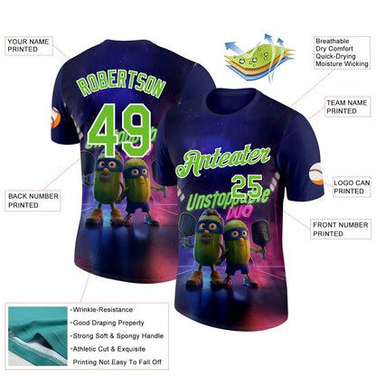 Custom Dark Purple Aurora Green-White 3D Funny Pickleball Paddles Performance T-Shirt