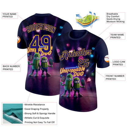 Custom Purple Dark Purple-Yellow 3D Funny Pickleball Paddles Balls Performance T-Shirt