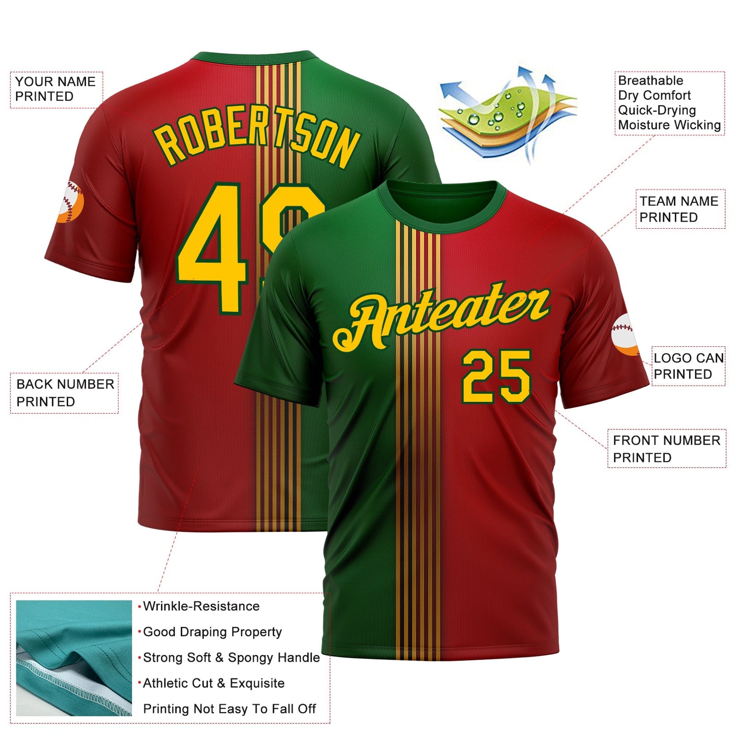 Custom Red Yellow-Green 3D Pattern Design Mexico Portugal Sportswear Performance T-Shirt