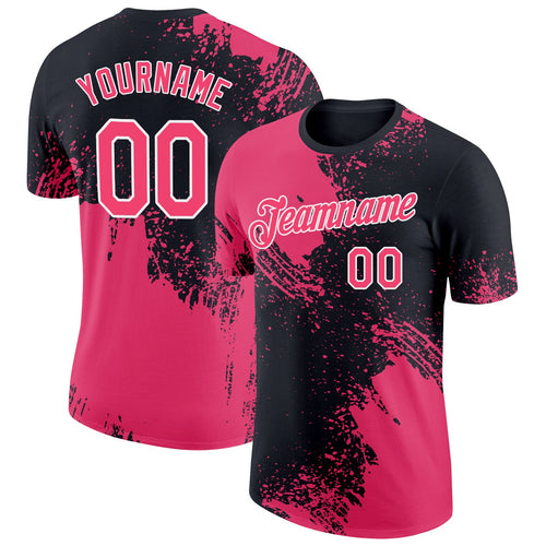 Custom Black Neon Pink-White 3D Pattern Design Abstract Brush Stroke Performance T-Shirt