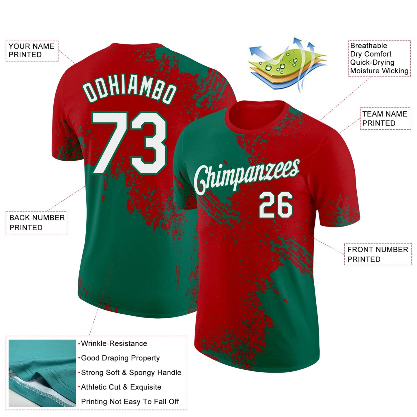 Custom Red White-Kelly Green 3D Pattern Design Abstract Brush Stroke Performance T-Shirt