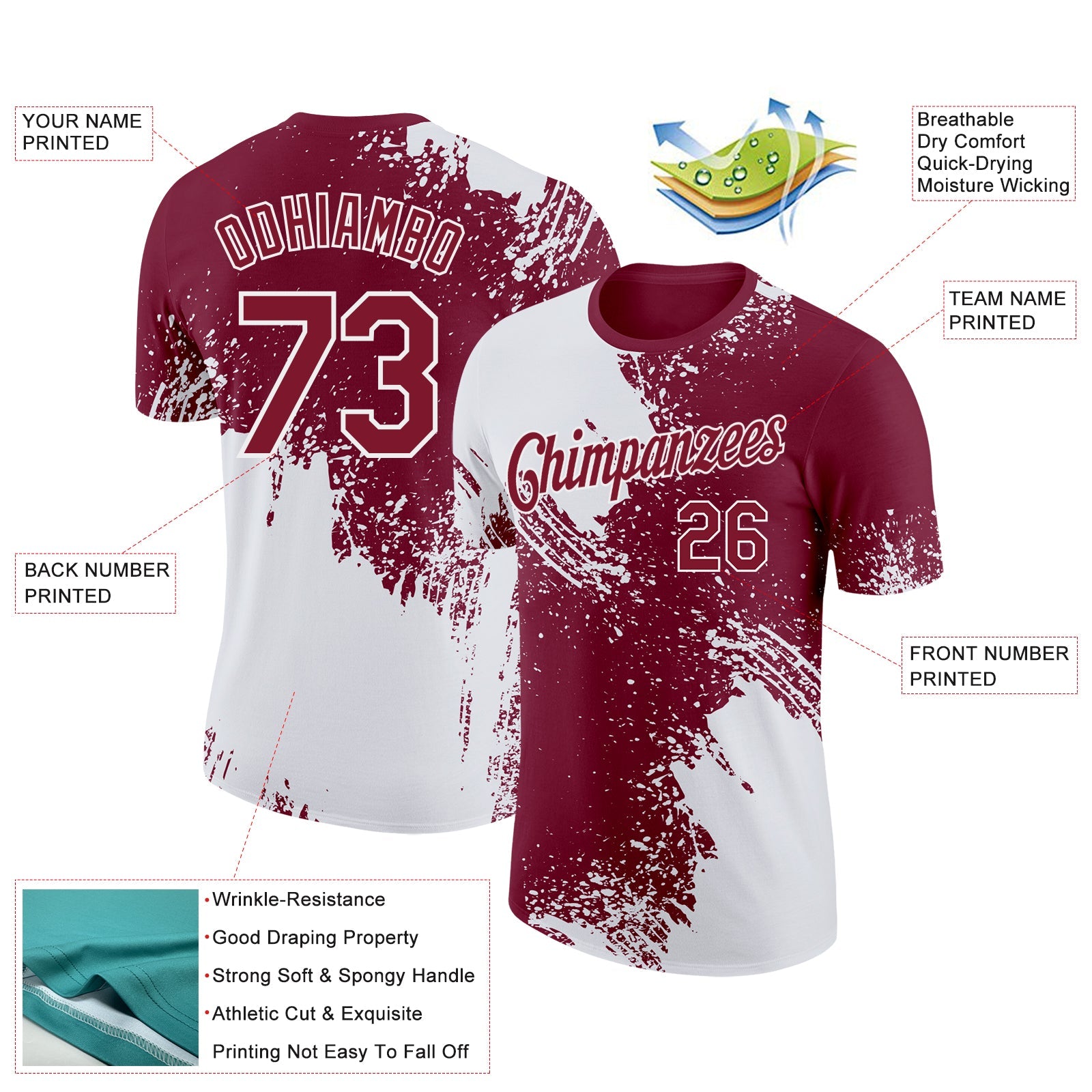 Custom Crimson White 3D Pattern Design Abstract Brush Stroke Performance T-Shirt