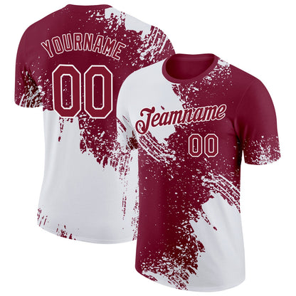 Custom Crimson White 3D Pattern Design Abstract Brush Stroke Performance T-Shirt