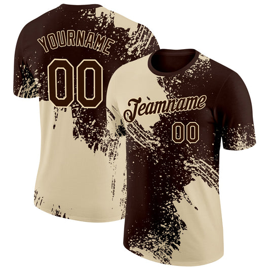 Custom Brown Cream 3D Pattern Design Abstract Brush Stroke Performance T-Shirt