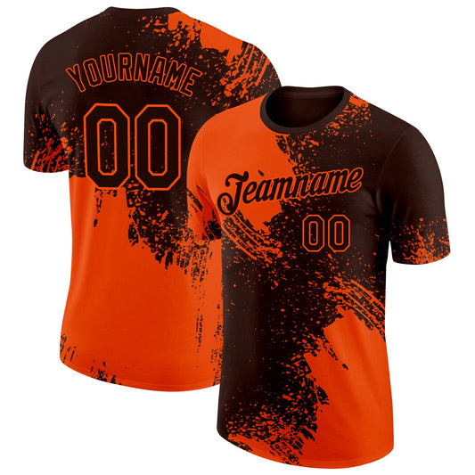 Custom Brown Orange 3D Pattern Design Abstract Brush Stroke Performance T-Shirt