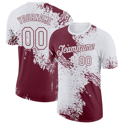 Custom White Burgundy 3D Pattern Design Abstract Brush Stroke Performance T-Shirt