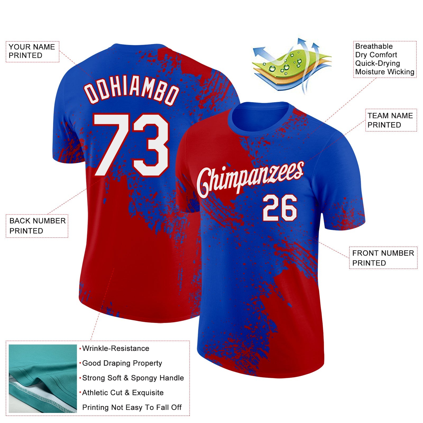 Custom Thunder Blue White-Red 3D Pattern Design Abstract Brush Stroke Performance T-Shirt