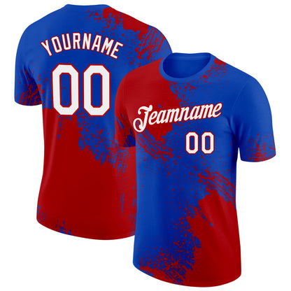Custom Thunder Blue White-Red 3D Pattern Design Abstract Brush Stroke Performance T-Shirt