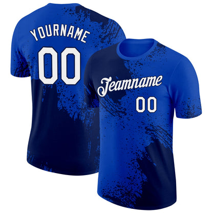 Custom Thunder Blue White-Navy 3D Pattern Design Abstract Brush Stroke Performance T-Shirt
