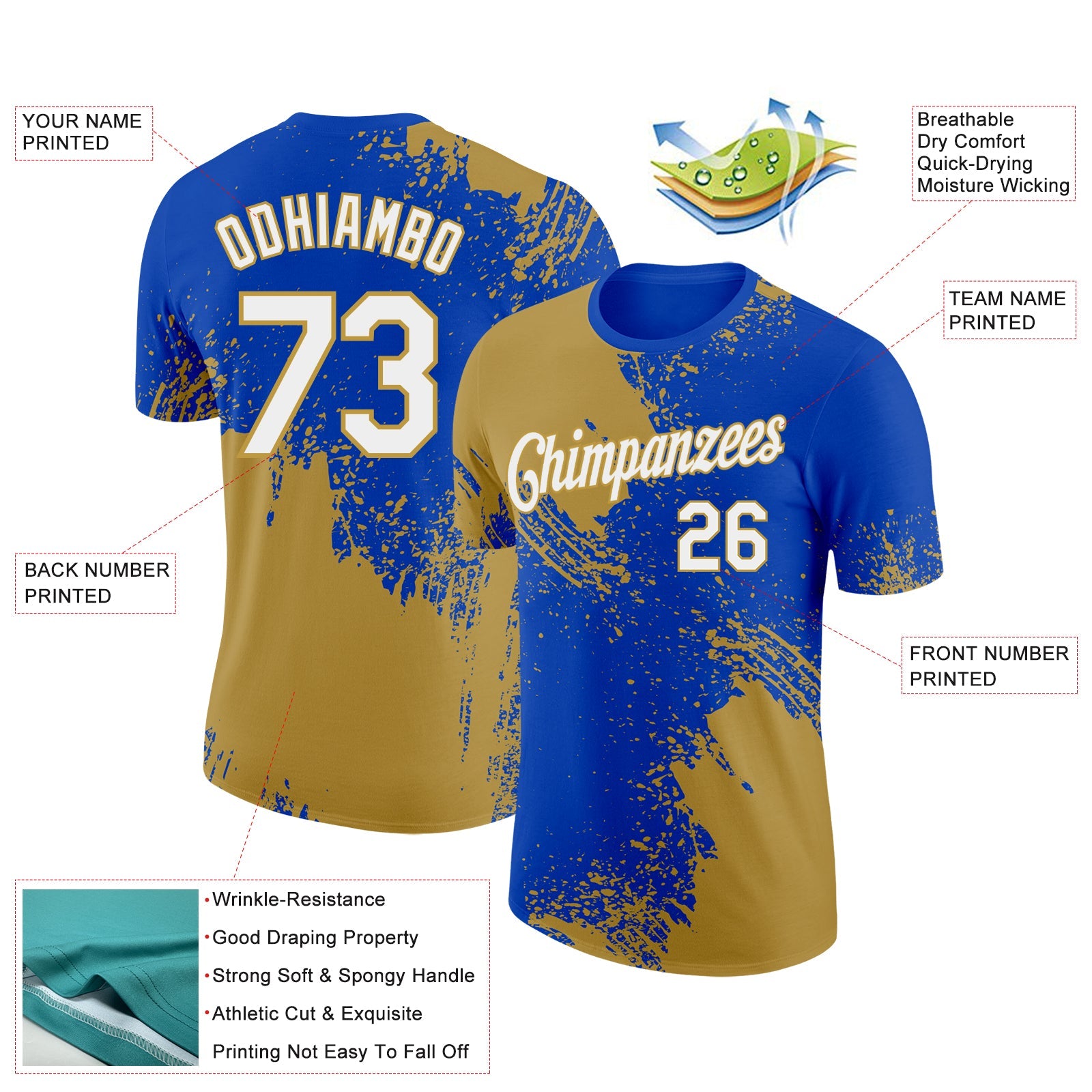 Custom Thunder Blue White-Old Gold 3D Pattern Design Abstract Brush Stroke Performance T-Shirt