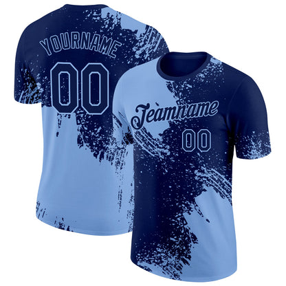 Custom Navy Light Blue 3D Pattern Design Abstract Brush Stroke Performance T-Shirt
