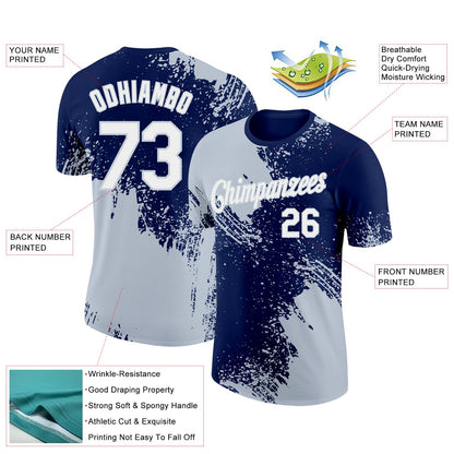 Custom Navy White-Silver 3D Pattern Design Abstract Brush Stroke Performance T-Shirt