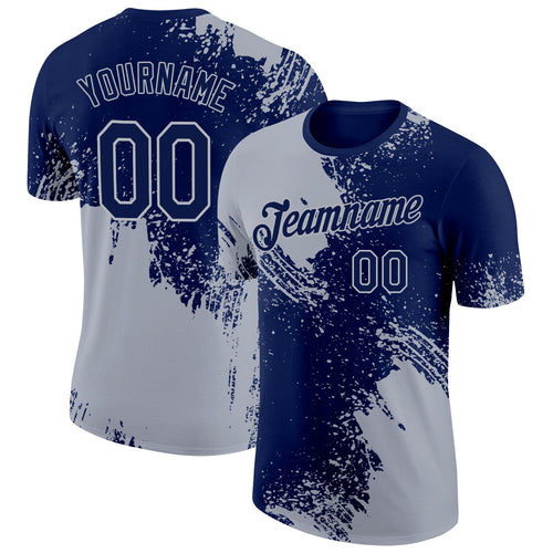 Custom Navy Gray 3D Pattern Design Abstract Brush Stroke Performance T-Shirt