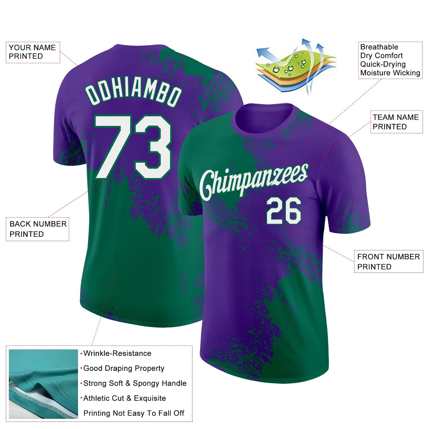 Custom Purple White-Kelly Green 3D Pattern Design Abstract Brush Stroke Performance T-Shirt