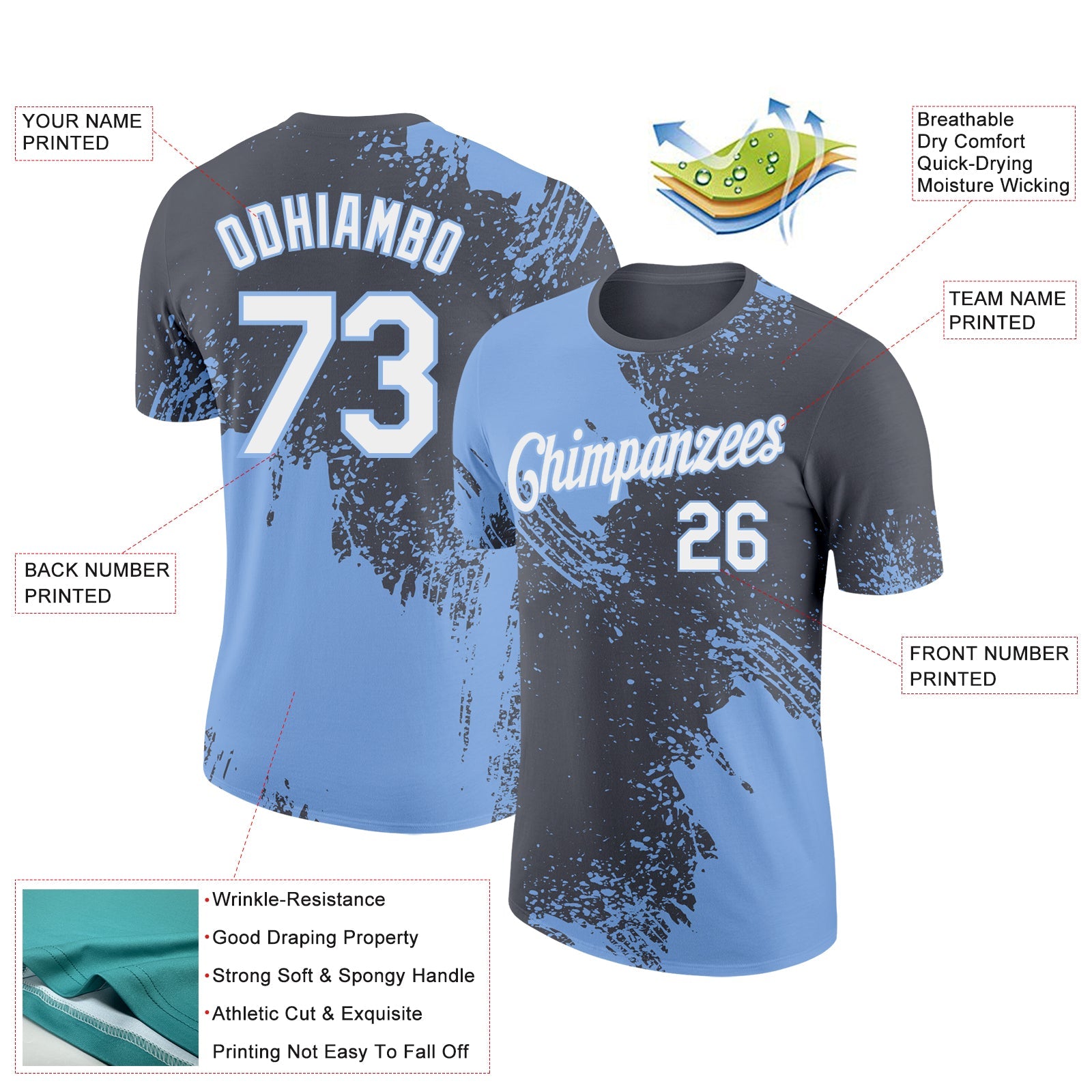 Custom Steel Gray White-Light Blue 3D Pattern Design Abstract Brush Stroke Performance T-Shirt