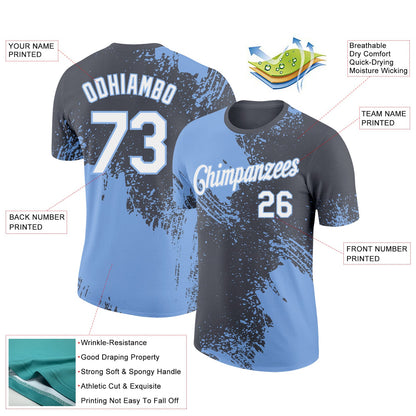 Custom Steel Gray White-Light Blue 3D Pattern Design Abstract Brush Stroke Performance T-Shirt