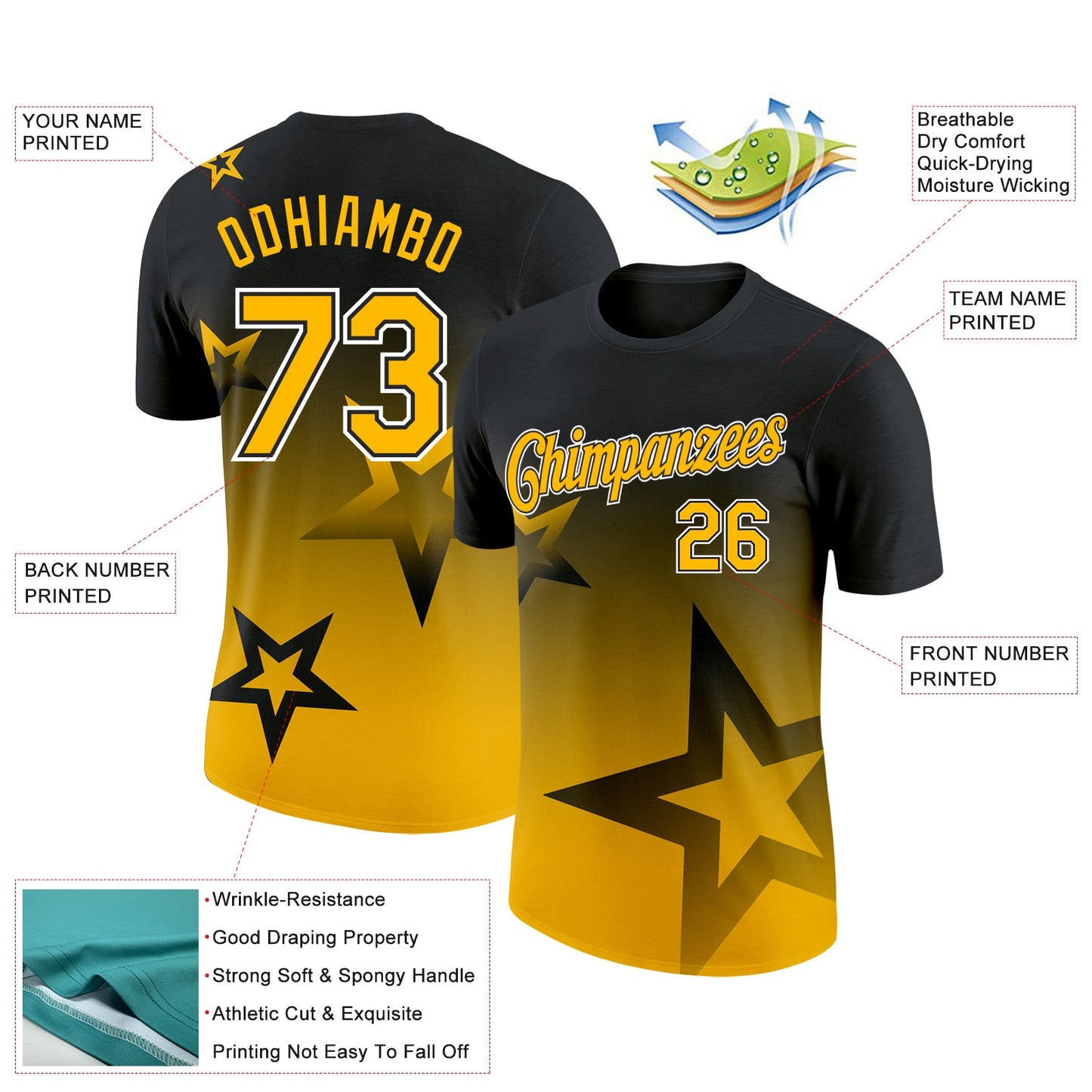 Custom Black Gold-White 3D Pattern Design Gradient Style Twinkle Star Performance T-Shirt