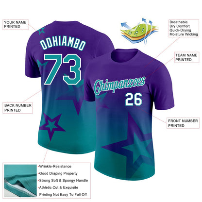 Custom Purple Teal-White 3D Pattern Design Gradient Style Twinkle Star Performance T-Shirt