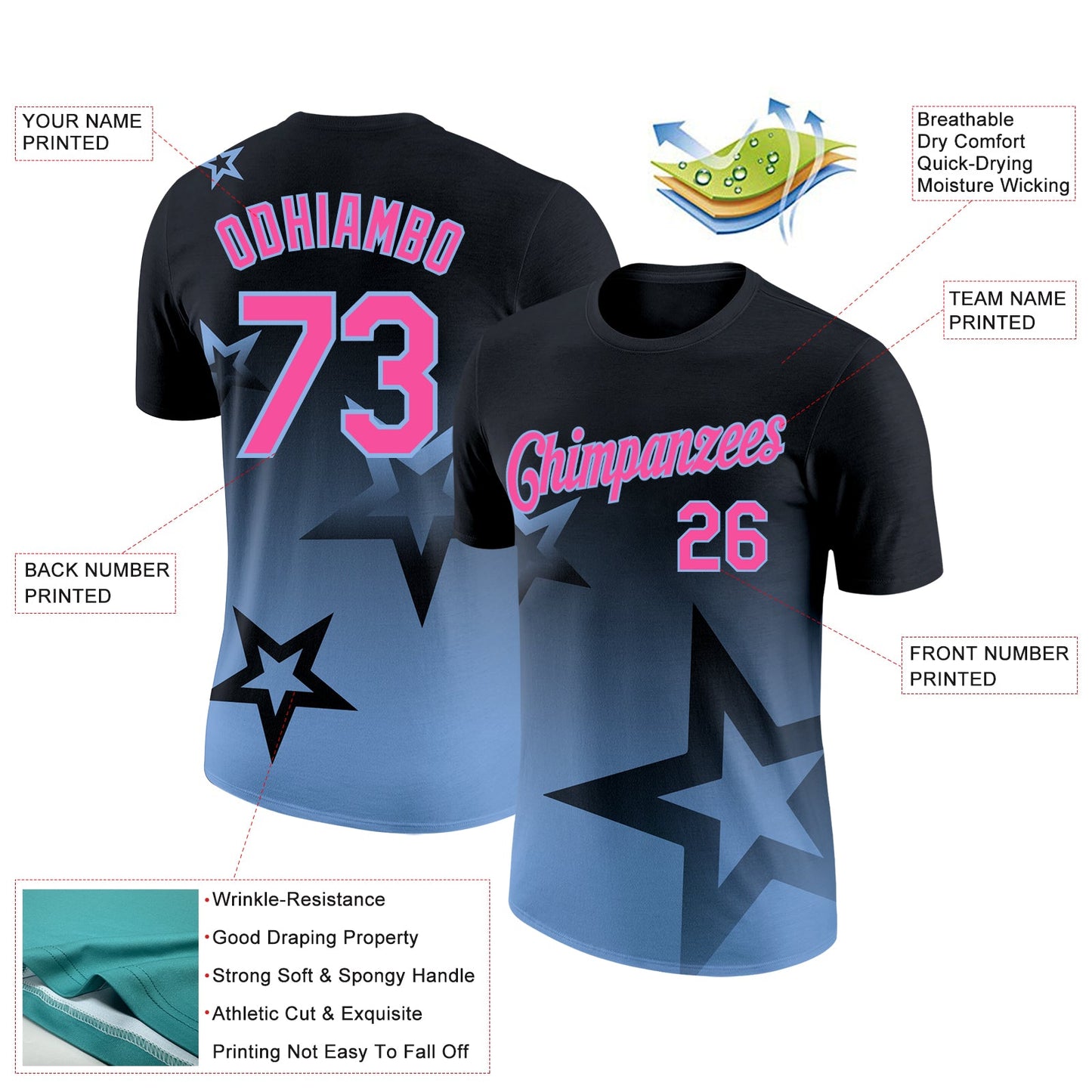 Custom Black Pink-Light Blue 3D Pattern Design Gradient Style Twinkle Star Performance T-Shirt