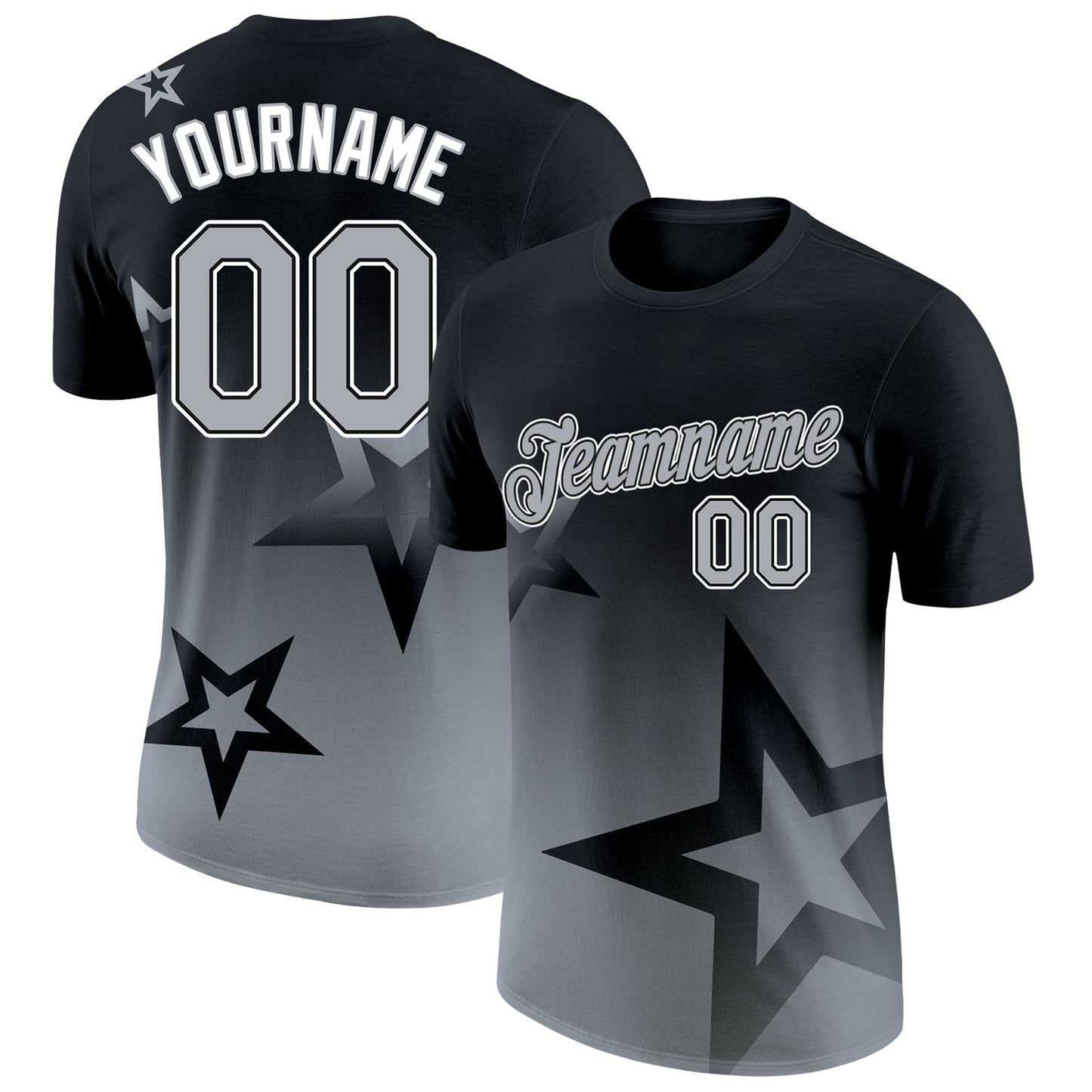 Custom Black Gray-White 3D Pattern Design Gradient Style Twinkle Star Performance T-Shirt