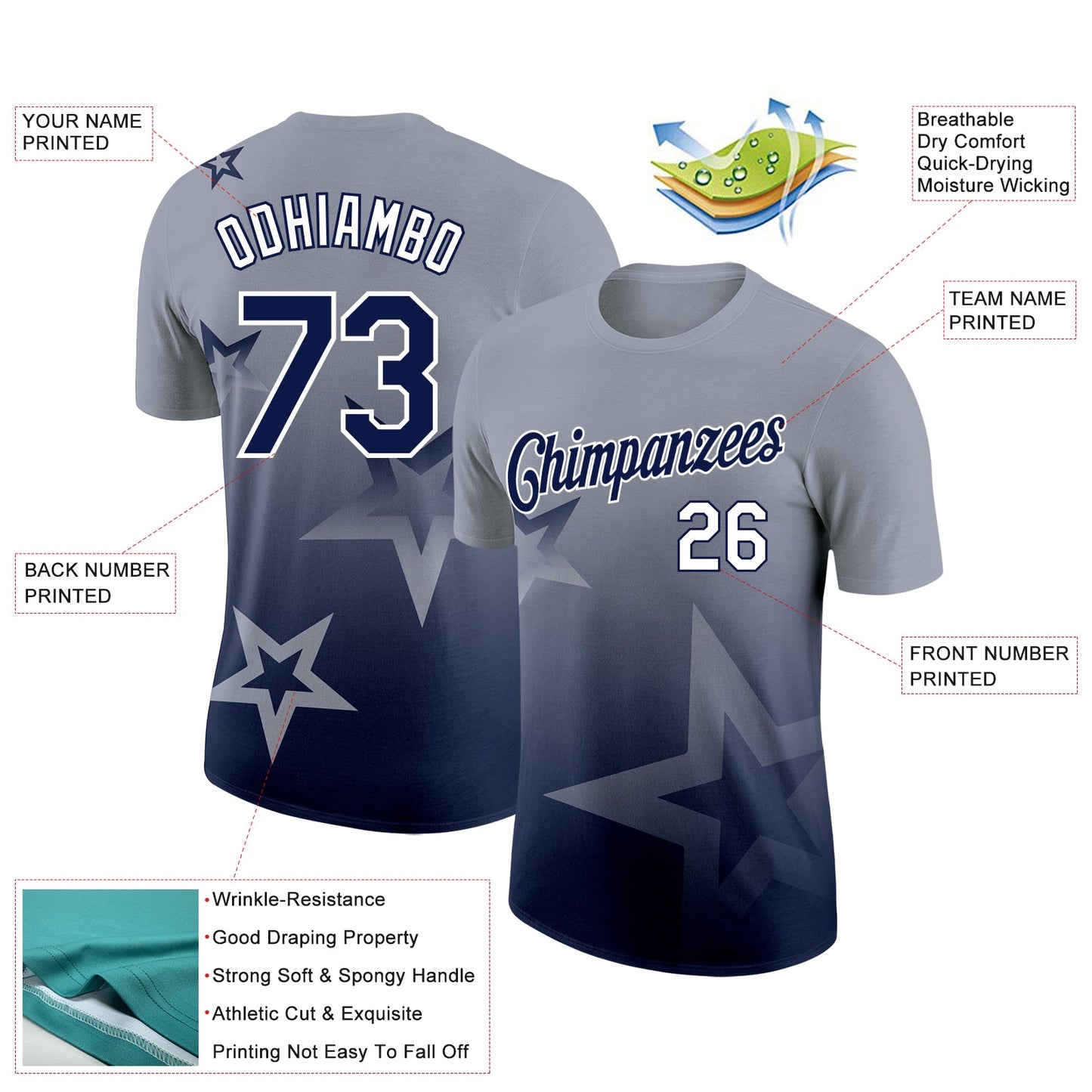 Custom Gray Navy-White 3D Pattern Design Gradient Style Twinkle Star Performance T-Shirt