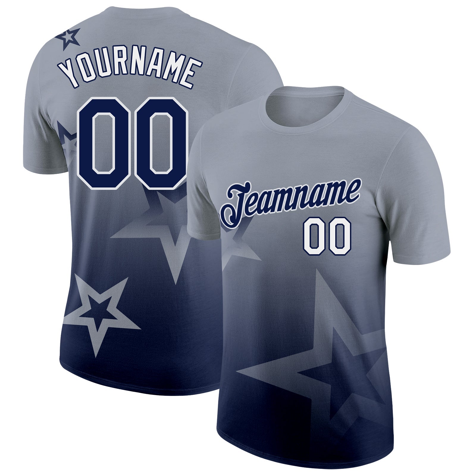 Custom Gray Navy-White 3D Pattern Design Gradient Style Twinkle Star Performance T-Shirt