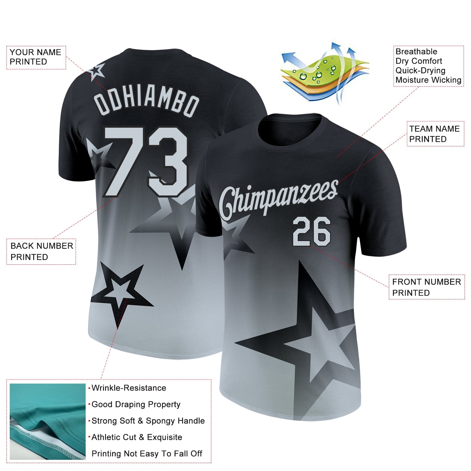 Custom Black Silver 3D Pattern Design Gradient Style Twinkle Star Performance T-Shirt
