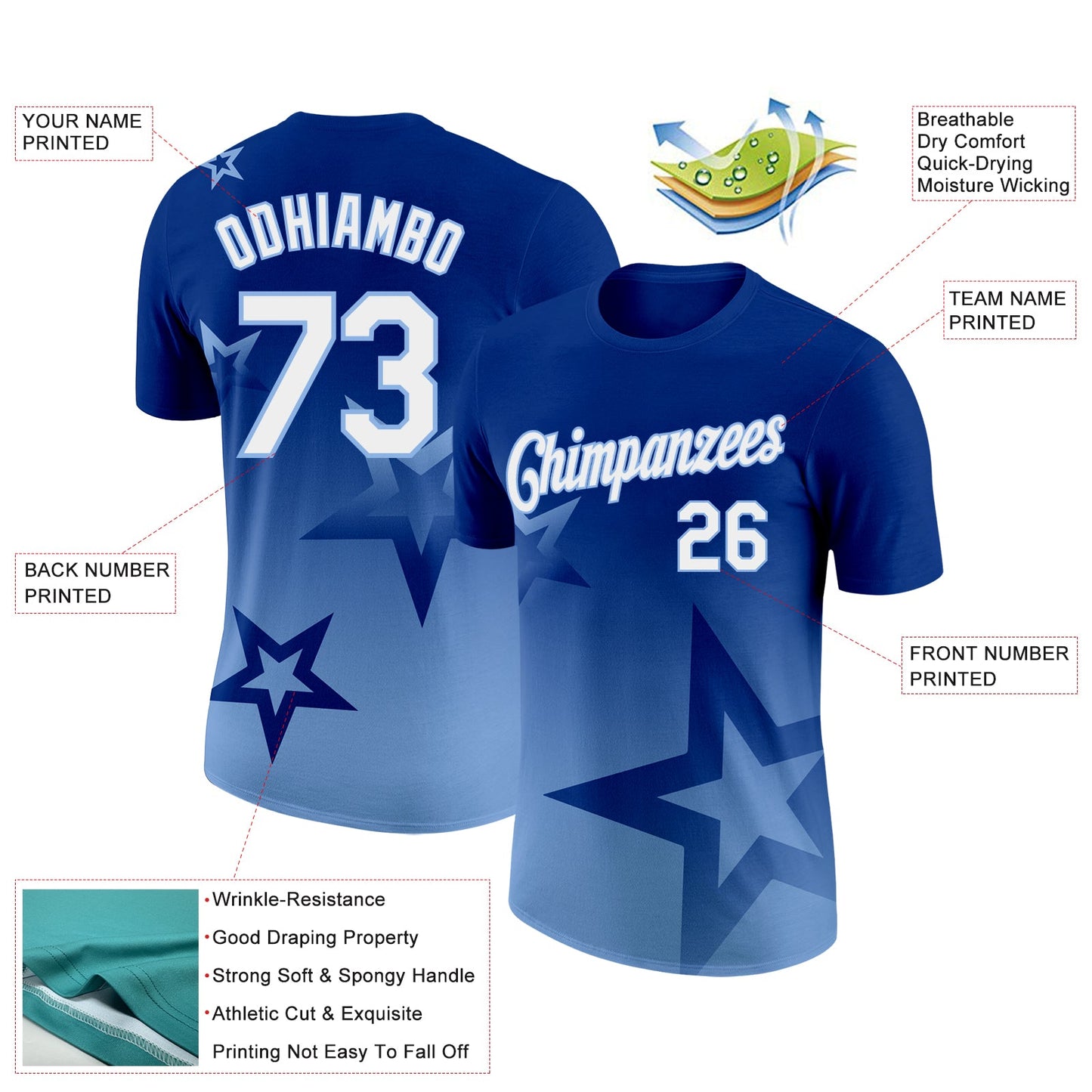 Custom Royal White-Light Blue 3D Pattern Design Gradient Style Twinkle Star Performance T-Shirt