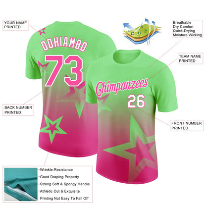 Custom Pea Green Pink-White 3D Pattern Design Gradient Style Twinkle Star Performance T-Shirt