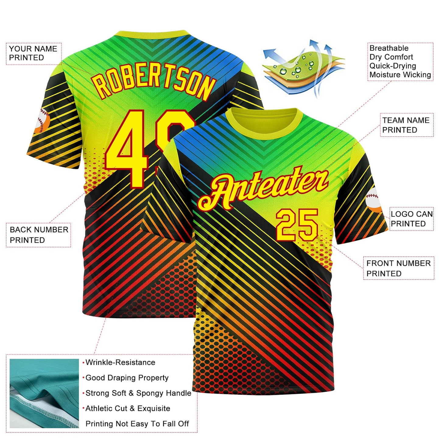Custom Black Light Yellow Blue-Red 3D Pattern Design Neon Stripe Sportswear Performance T-Shirt