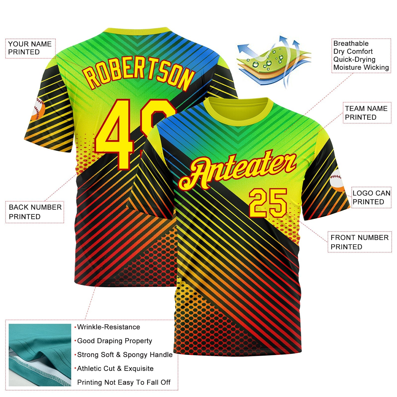 Custom Black Light Yellow Blue-Red 3D Pattern Design Neon Stripe Sportswear Performance T-Shirt