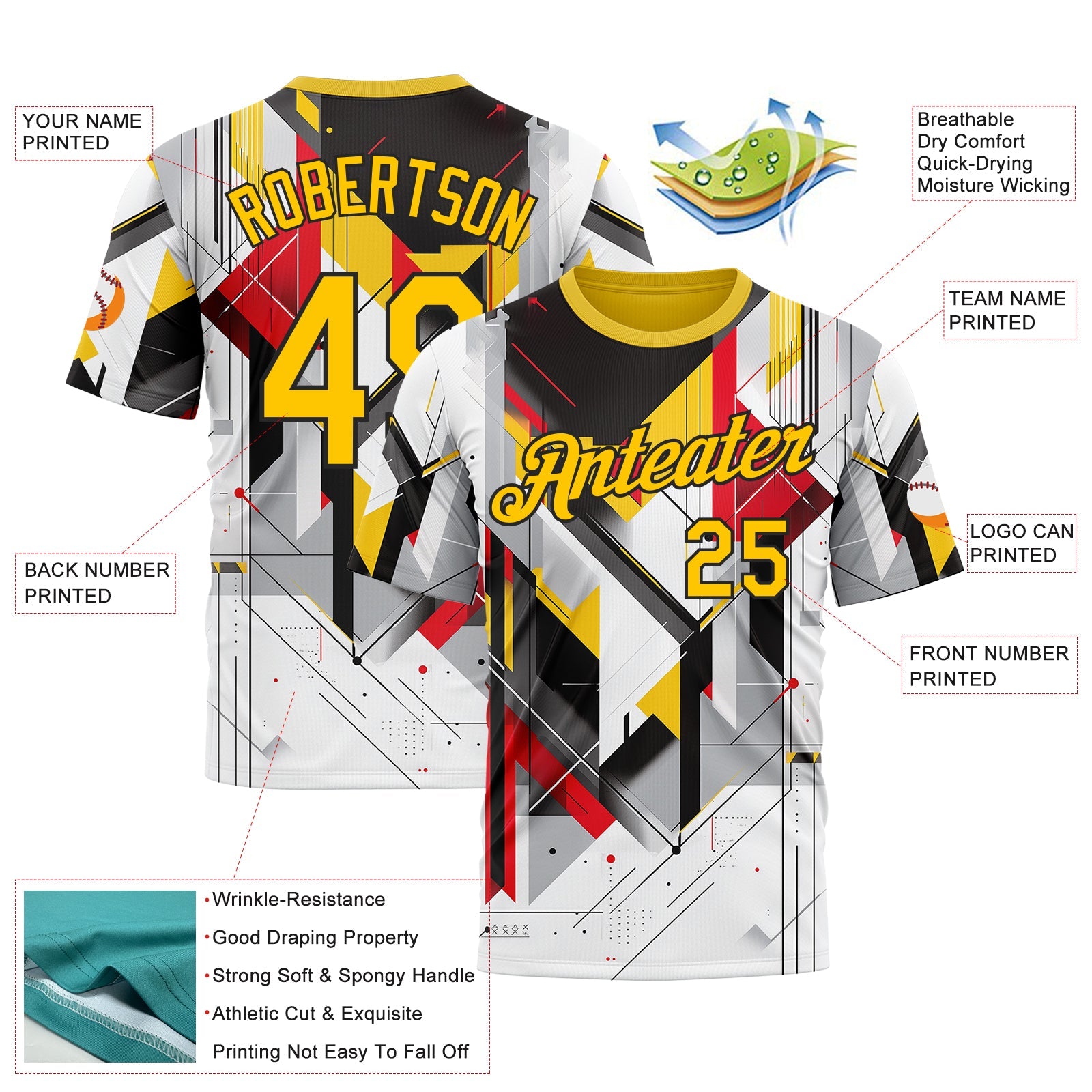 Custom White Yellow Red Black-Gray 3D Pattern Design Germany Geometric Shape Sportswear Performance T-Shirt