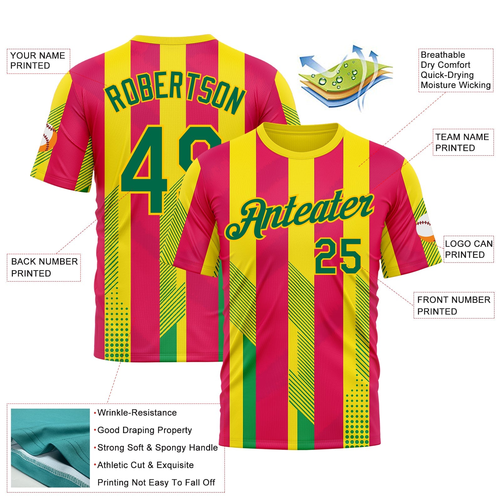 Custom Yellow Kelly Green-Pink 3D Pattern Design Mexico Spain Sportswear Performance T-Shirt