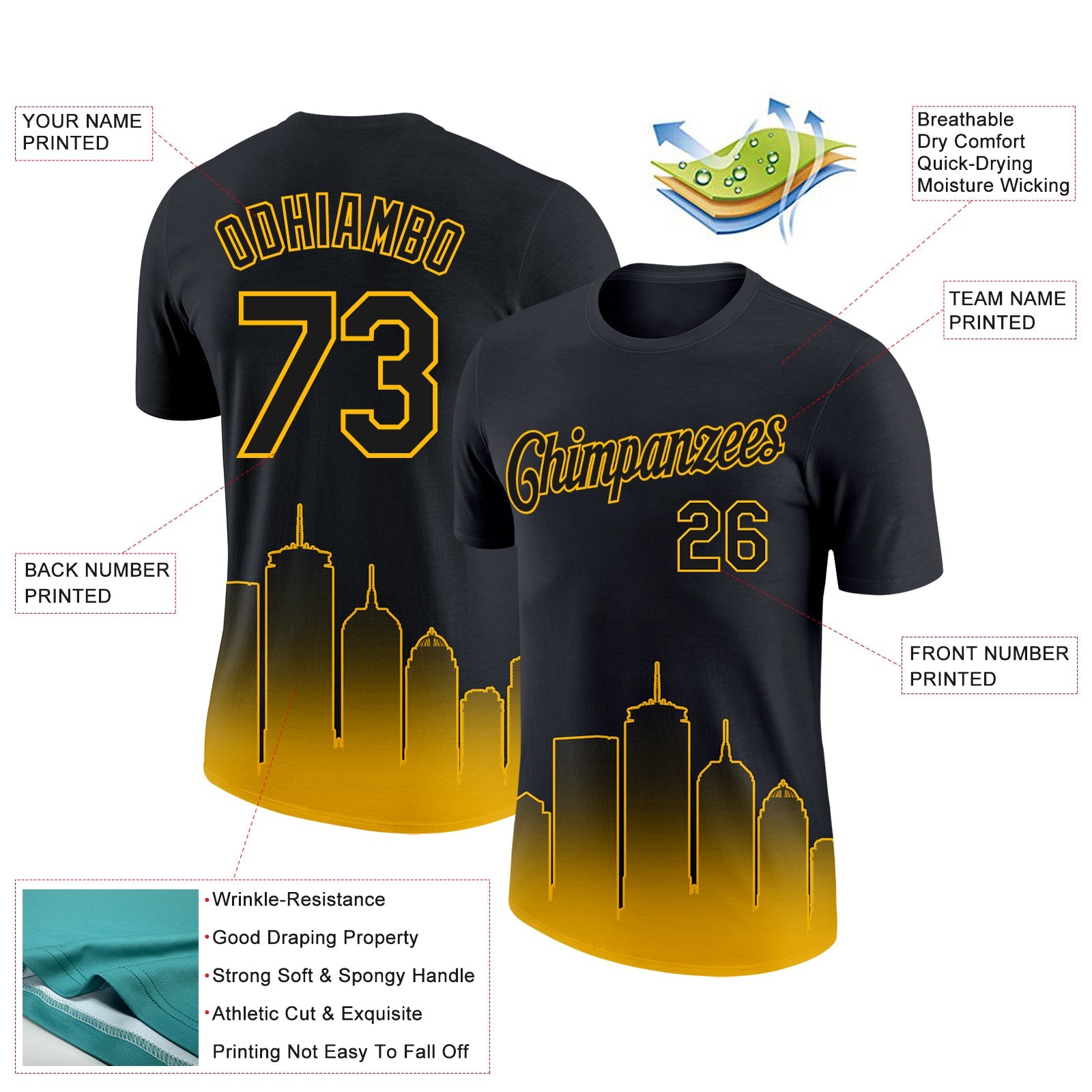 Custom Black Gold 3D Boston City Edition Fade Fashion Performance T-Shirt