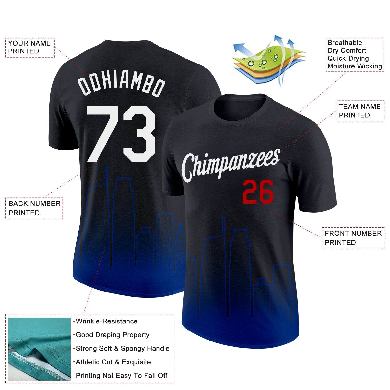 Custom Black White Royal-Red 3D Los Angeles City Edition Fade Fashion Performance T-Shirt
