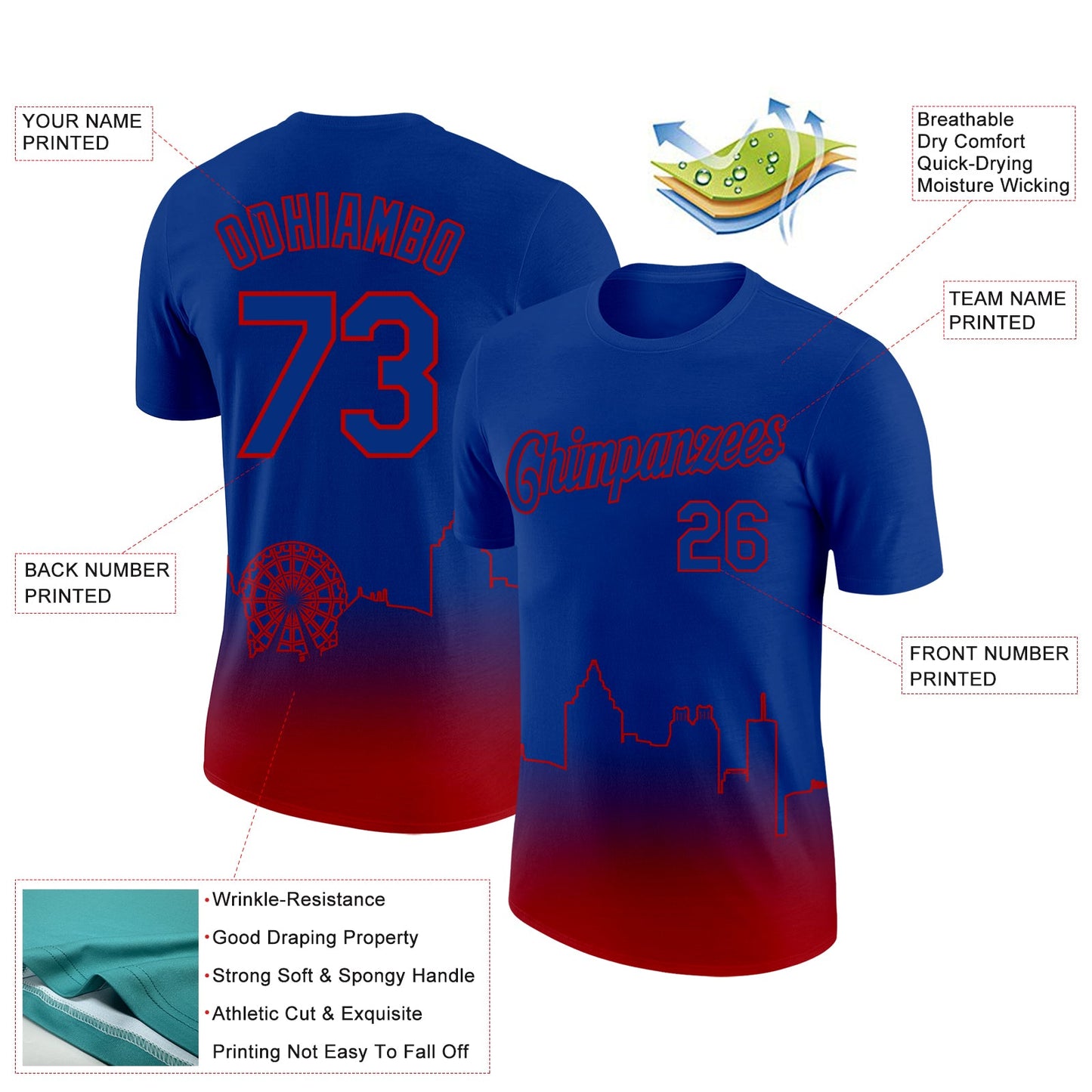 Custom Royal Red 3D Atlanta City Edition Fade Fashion Performance T-Shirt