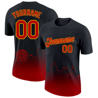 Custom Black Red-Gold 3D Atlanta City Edition Fade Fashion Performance T-Shirt