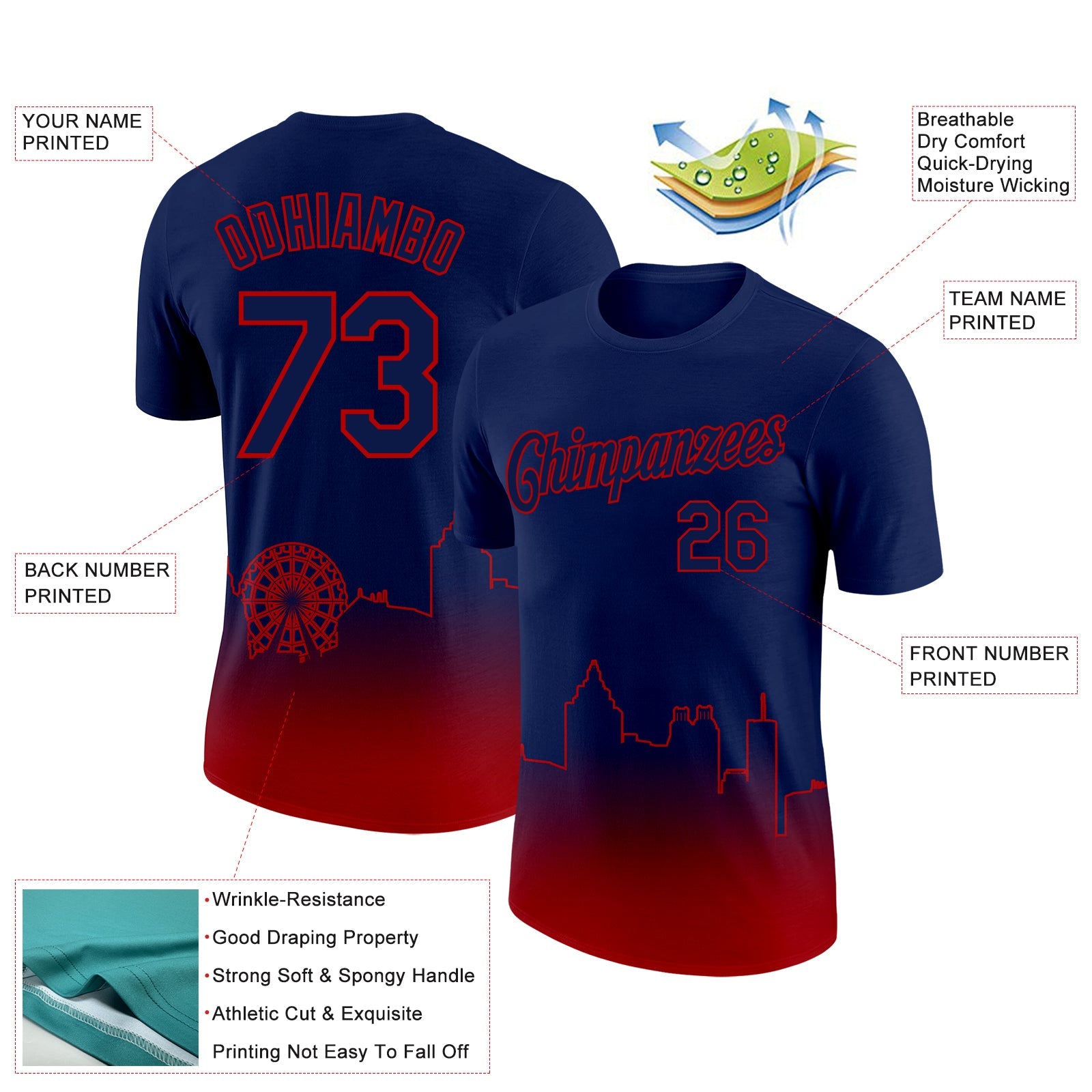 Custom Navy Red 3D Atlanta City Edition Fade Fashion Performance T-Shirt