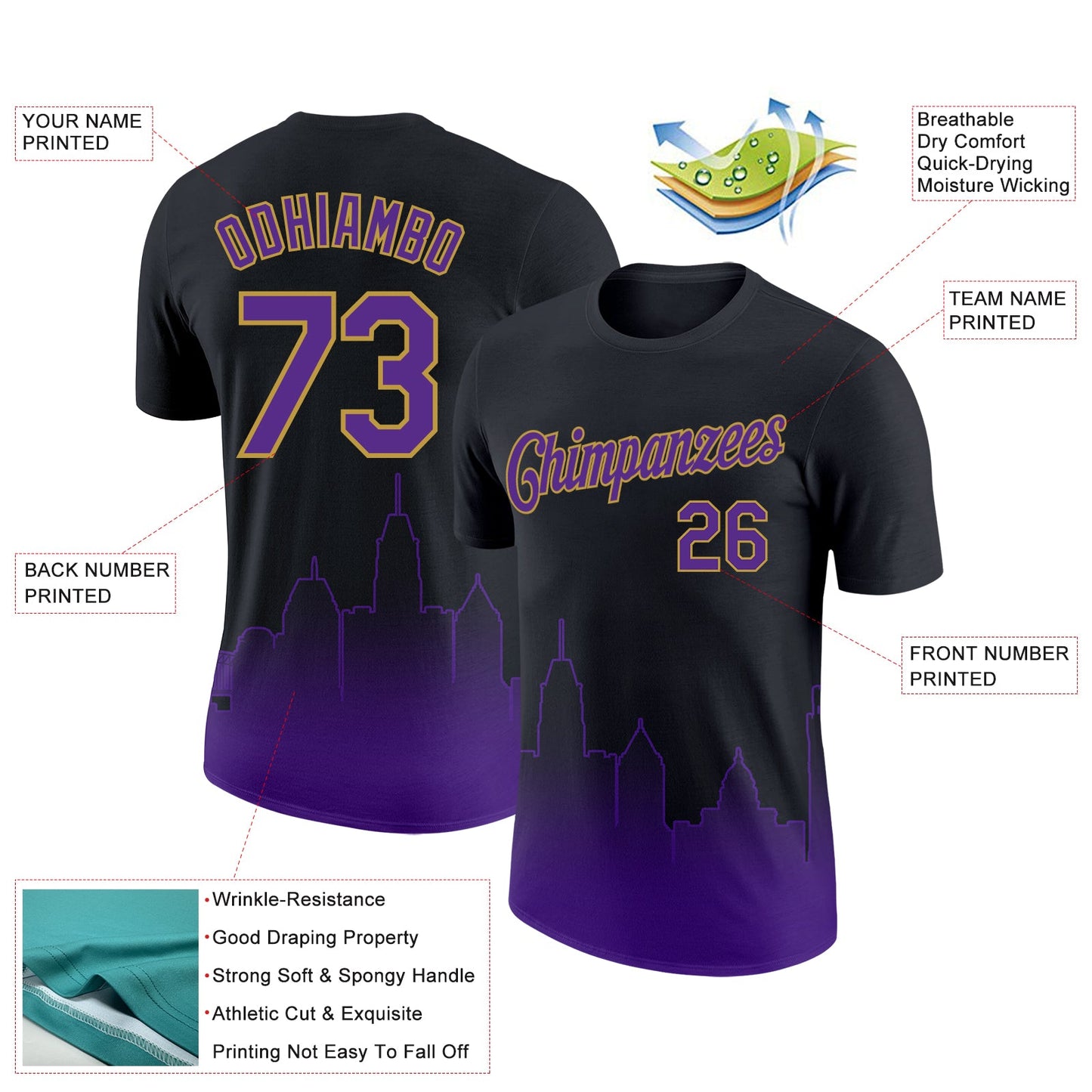 Custom Black Purple-Old Gold 3D Baltimore City Edition Fade Fashion Performance T-Shirt